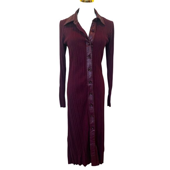 Toccin Burgundy Ribbed Knit Shirt Dress MEDIUM Midi Office Work Designer $525 - Picture 10 of 14